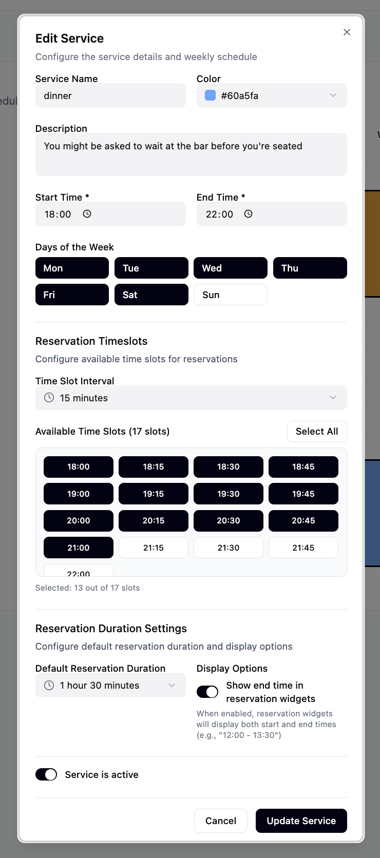 Service editing menu