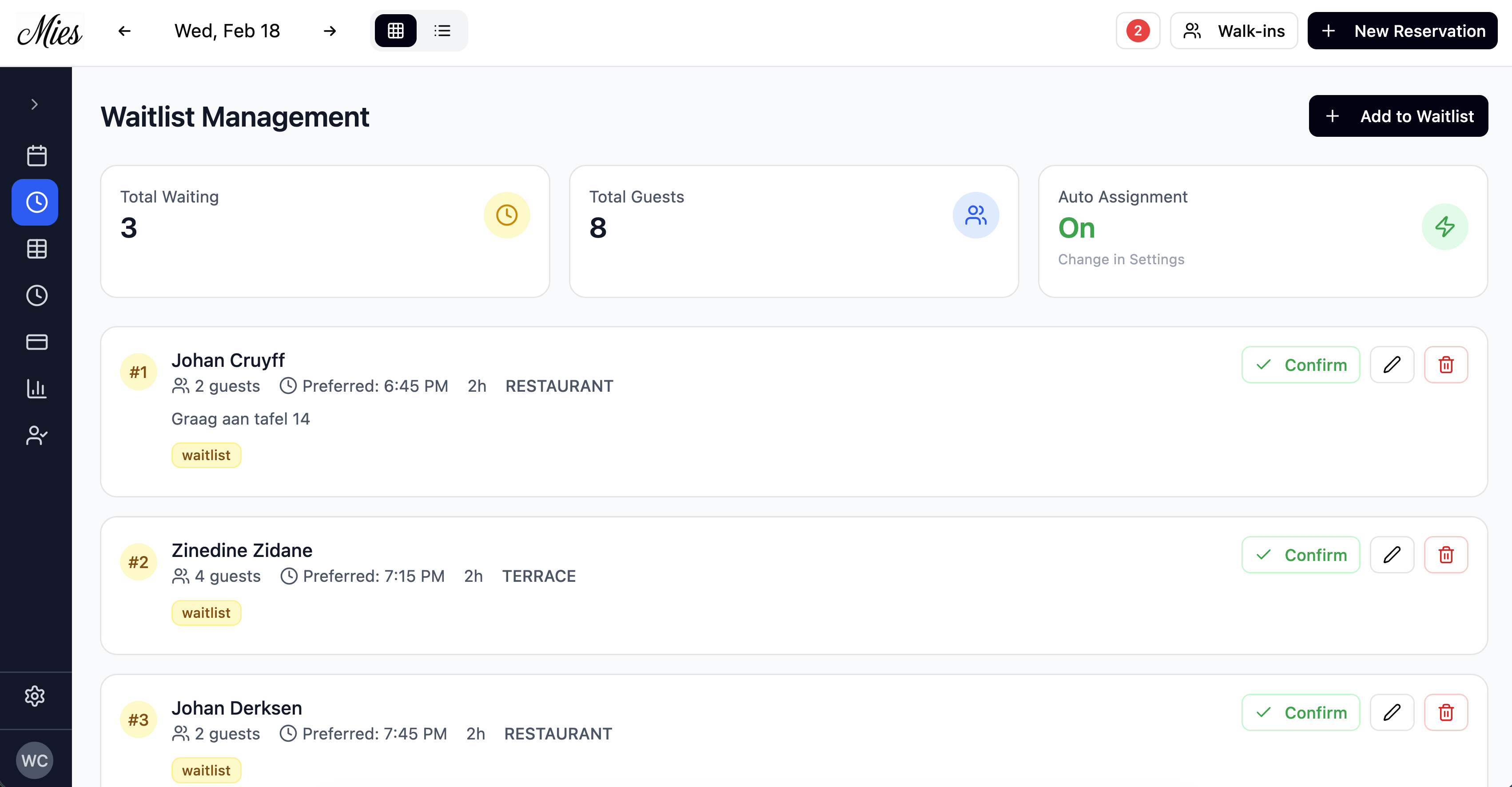 Waitlist management view